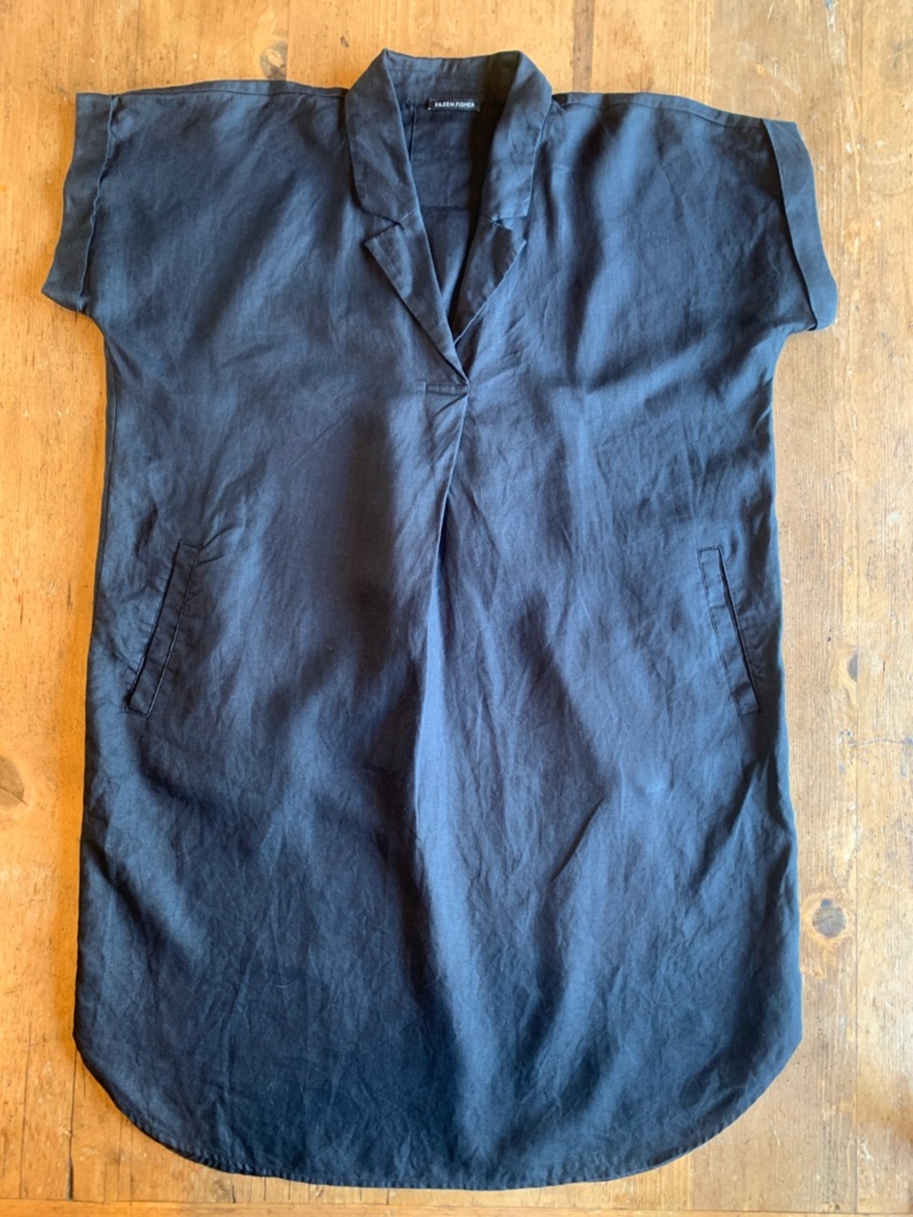 Eileen Fisher Black Short-Sleeve Linen  Button Down Dress - Picture 4 of 16